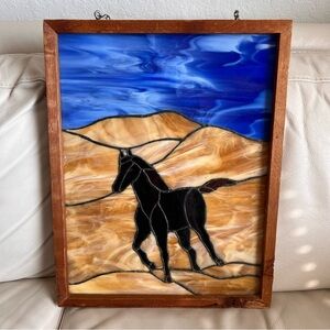 Stunning Stained Glass Black Horse Art in Blue and Brown Vintage